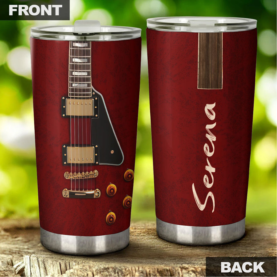 Camellia Personalized Guitar Surface Stainless Steel Tumbler - Customized Double-Walled Insulation Travel Thermal Cup With Lid Gift For Guitarist
