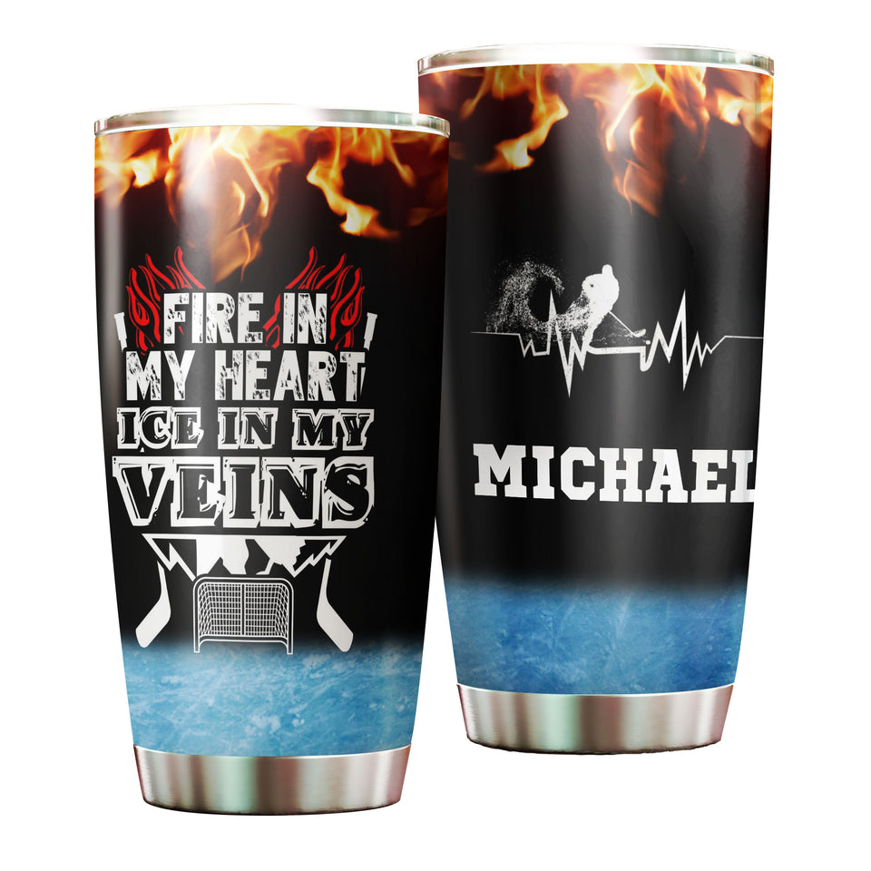 Camellia Personalized Hockey Fire In My Heart Ice In My Veins Stainless Steel Tumbler-Double-Walled Insulation  Cup With Lid Gift For Hockey Player