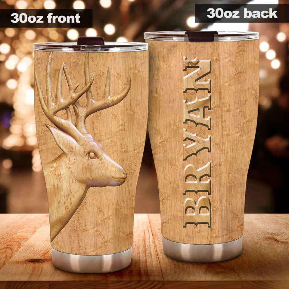 Camellia Persionalized 3D Deer Wood Style Stainless Steel Tumbler - Customized Double - Walled Insulation Travel Thermal Cup With Lid