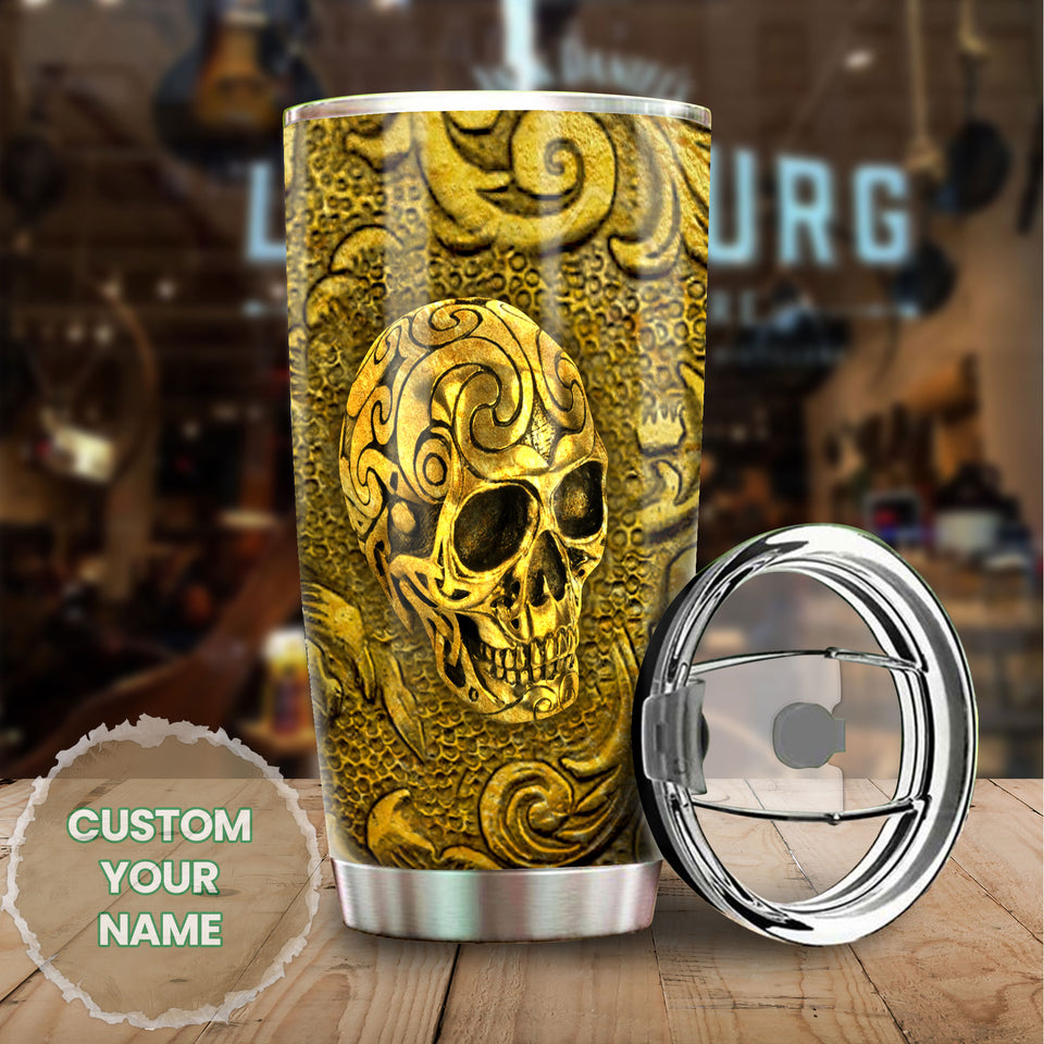Camellia Personalized Golden Skull Stainless Steel Tumbler - Customized Double-Walled Insulation Travel Thermal Cup With Lid