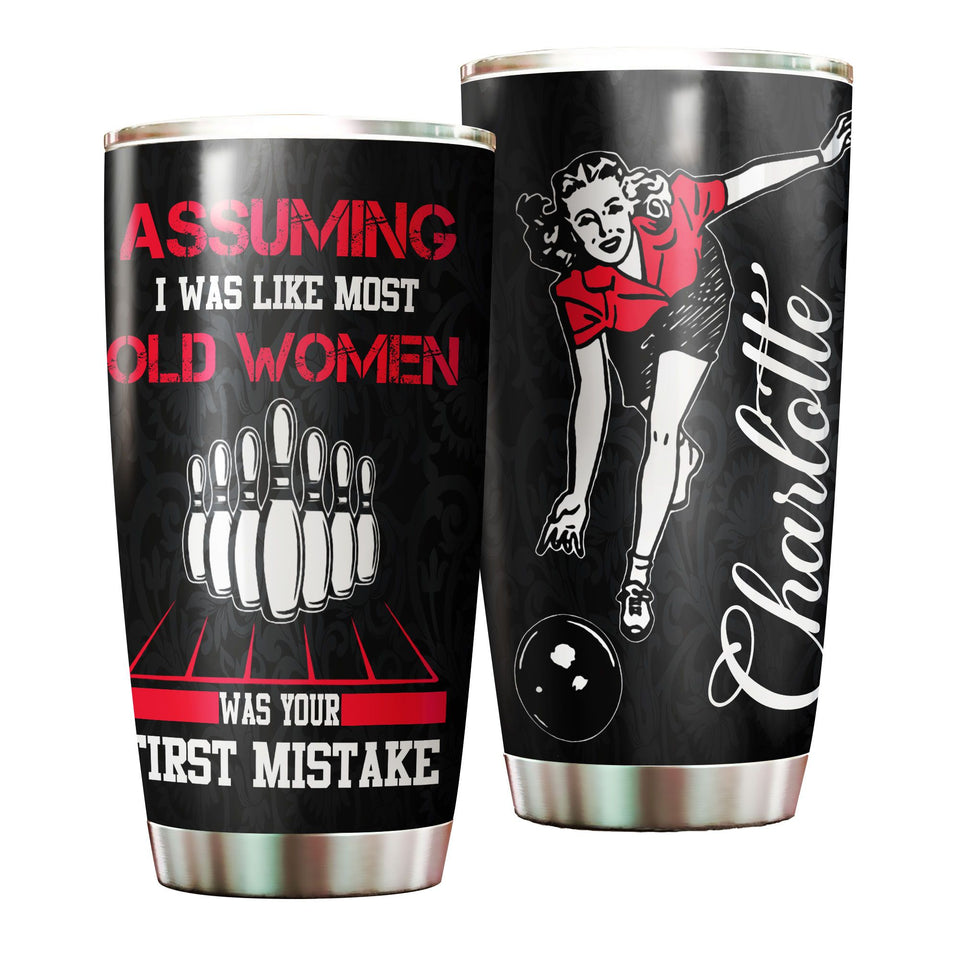 Camellia Personalized Bowling Old Women Was Your First Mistake Stainless Steel Tumbler - Double-Walled Insulation Vacumm Flask - Gift For Bowling Lovers, National Bowling Day 8th August