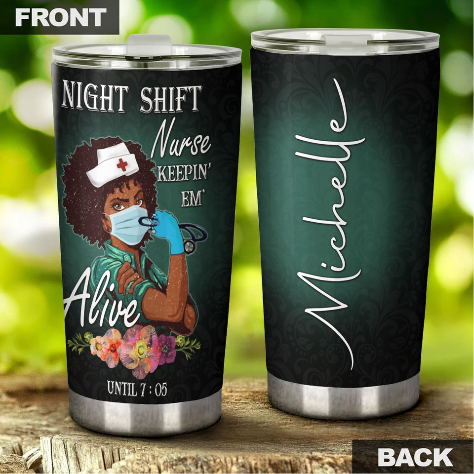 Camellia Personalized Black Nurse Night Shift Stainless Steel Tumbler - Double-Walled Insulation Vacumm Flask - Gift For Black Queen, International Women's Day, Nurse's Day