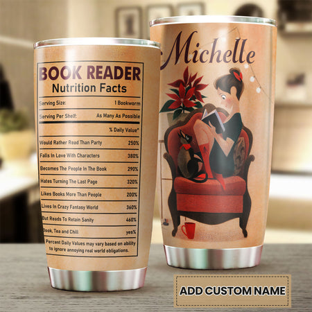 Camellia Personalized Book Reader Nutrition Facts Stainless Steel Tumbler - Double-Walled Insulation Vacumm Flask - Gift For Book Lovers, Nerd, International Book Day