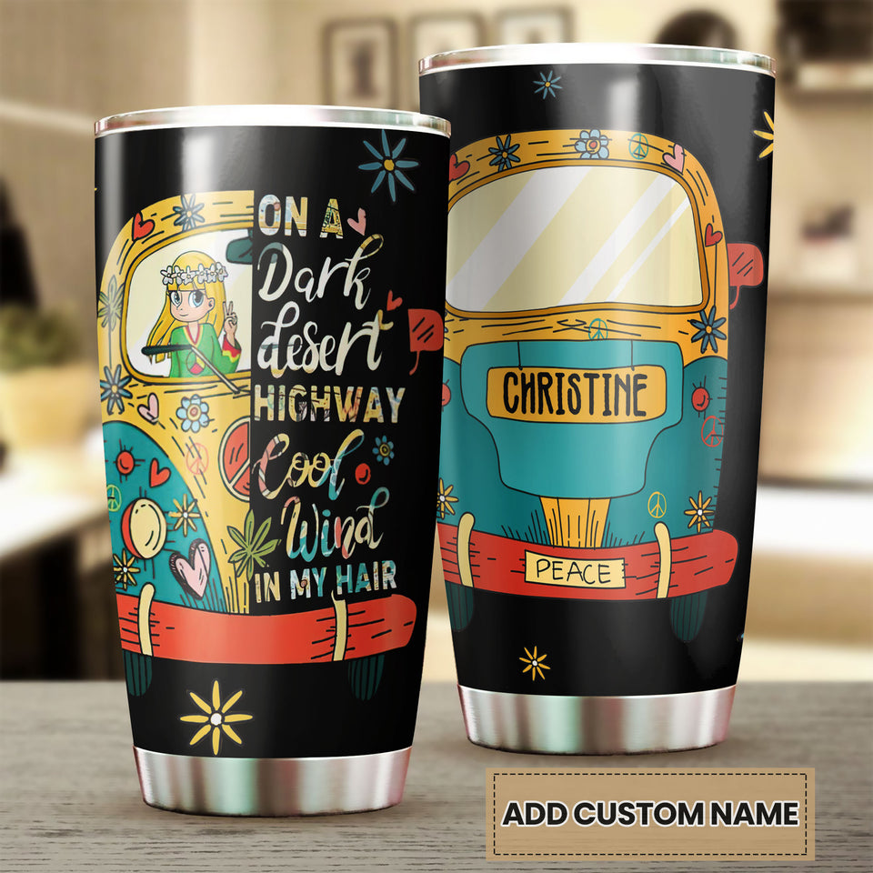 Camellia Personalized Hippie Girl In The Dark Desert Highway Cool wind In My Hair Stainless Steel Tumbler-Sweat-Proof Double Wall Travel Cup With Lid Gift For Hippie Girl