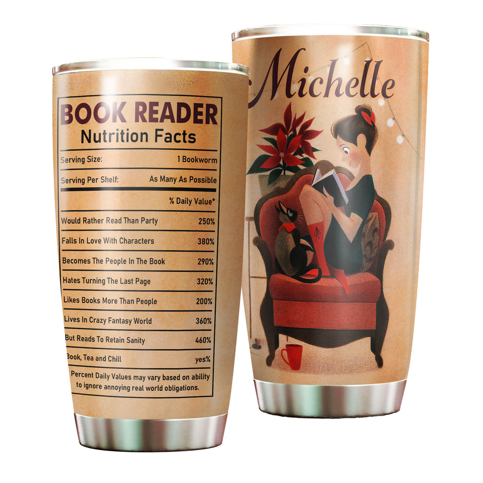 Camellia Personalized Book Reader Nutrition Facts Stainless Steel Tumbler - Double-Walled Insulation Vacumm Flask - Gift For Book Lovers, Nerd, International Book Day