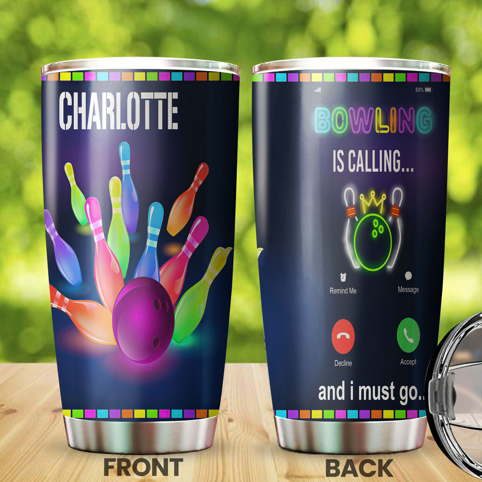 Camellia Personalized Neon Bowling Is Calling Stainless Steel Tumbler - Double-Walled Insulation Vacumm Flask - Gift For Bowling Lovers, National Bowling Day 8th August