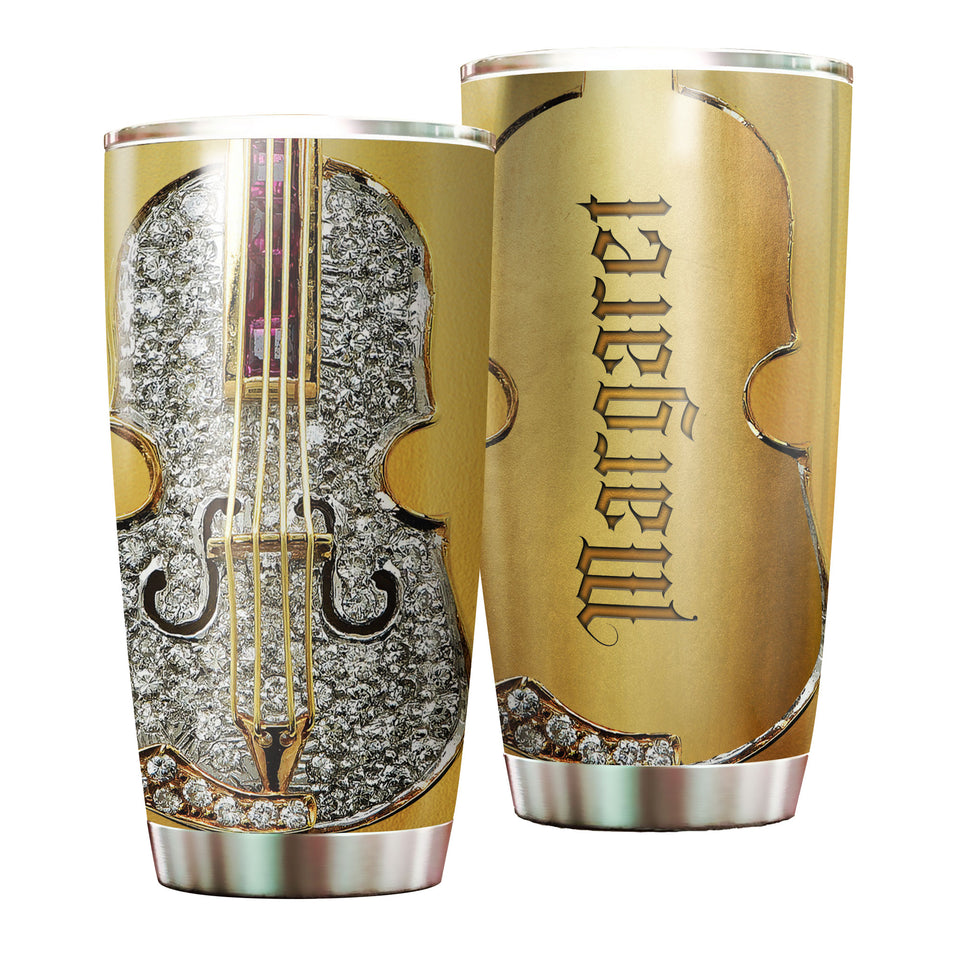 Camellia Personalized Diamond Violin Stainless Steel Tumbler - Customized Double-Walled Insulation Travel Thermal Cup With Lid Gift For Violin Lover