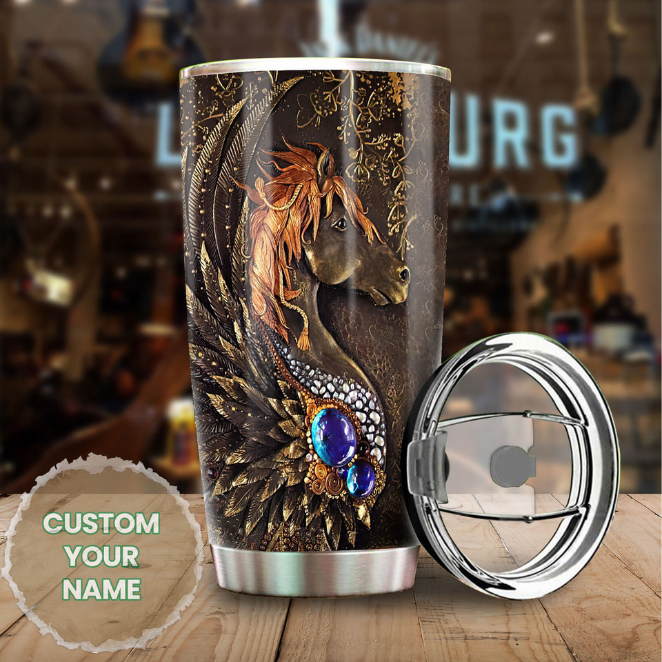 Camellia Personalized Horse Leather Style Stainless Steel Tumbler - Double-Walled Insulation Vacumm Flask - Gift For Horse Lovers, Cowgirls, Cowboys, Perfect Christmas, Thanksgiving Gift 04