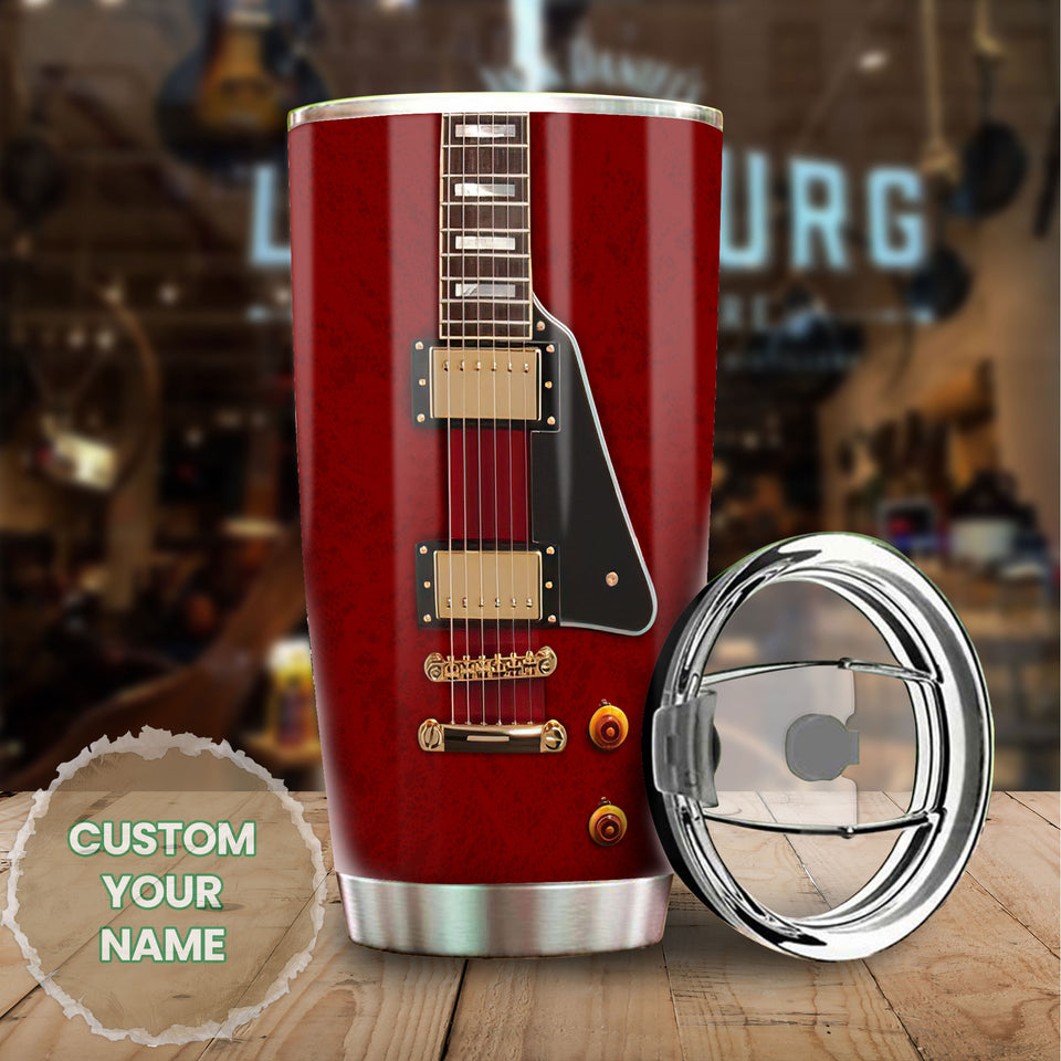 Camellia Personalized Guitar Surface Stainless Steel Tumbler - Customized Double-Walled Insulation Travel Thermal Cup With Lid Gift For Guitarist