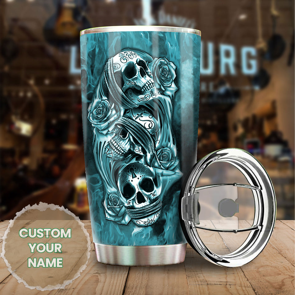 Camellia Personalized 3D Gothic Skulls Stainless Steel Tumbler - Customized Double-Walled Insulation Adventure Thermal Cup With Lid