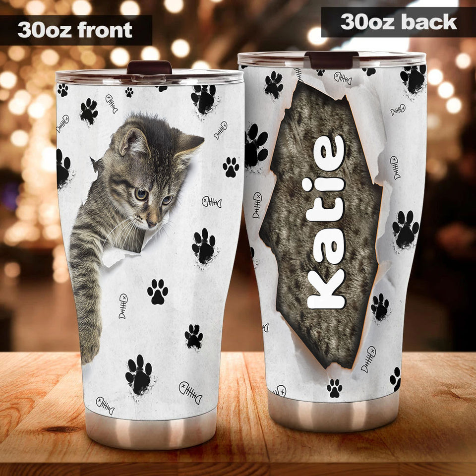 Camellia Personalized Cute Kittie Stainless Steel Tumbler-Double-Walled Insulation Cup With Lid Gift For Cat Lover Mom Cat