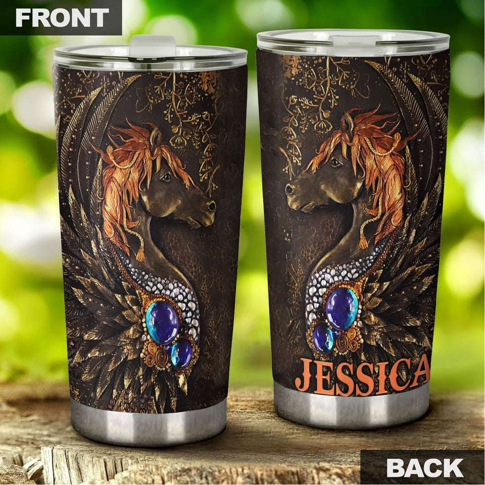 Camellia Personalized Horse Leather Style Stainless Steel Tumbler - Double-Walled Insulation Vacumm Flask - Gift For Horse Lovers, Cowgirls, Cowboys, Perfect Christmas, Thanksgiving Gift 04