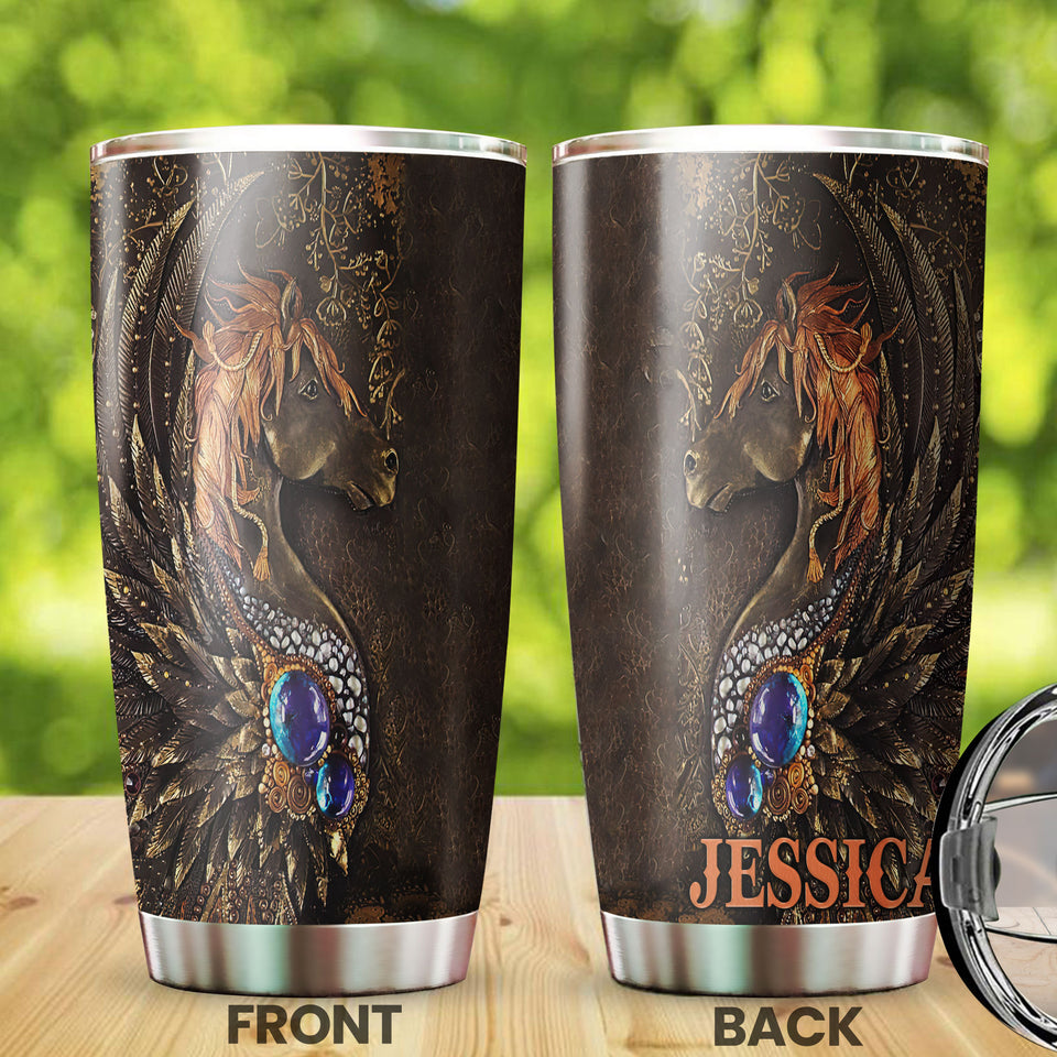 Camellia Personalized Horse Leather Style Stainless Steel Tumbler - Double-Walled Insulation Vacumm Flask - Gift For Horse Lovers, Cowgirls, Cowboys, Perfect Christmas, Thanksgiving Gift 04