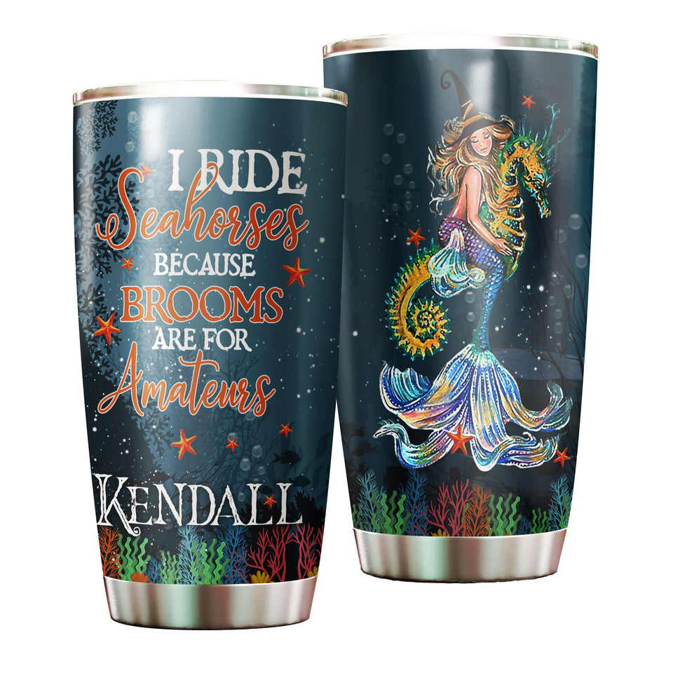 Camellia Persionalized 3D Mermaid Rides Seahorse Stainless Steel Tumbler - Customized Double - Walled Insulation Thermal Cup With Lid