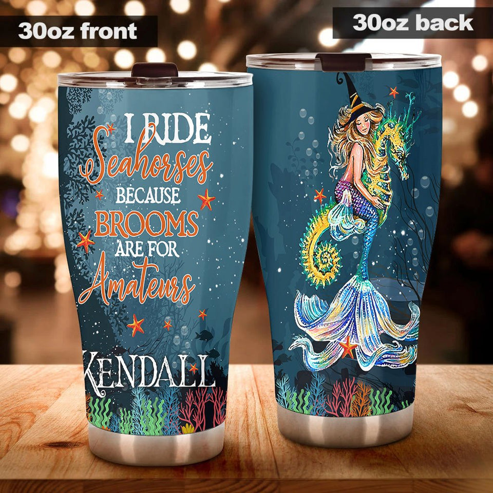 Camellia Persionalized 3D Mermaid Rides Seahorse Stainless Steel Tumbler - Customized Double - Walled Insulation Thermal Cup With Lid