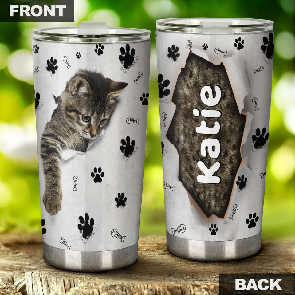 Camellia Personalized Cute Kittie Stainless Steel Tumbler-Double-Walled Insulation Cup With Lid Gift For Cat Lover Mom Cat