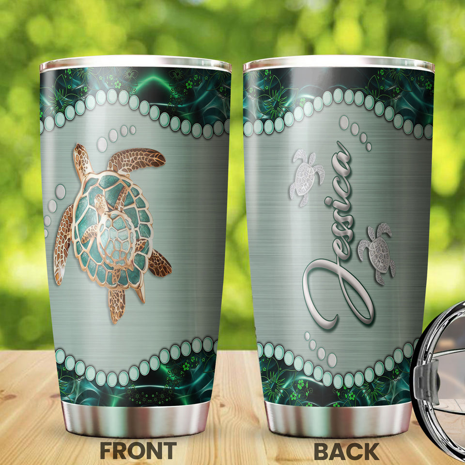 Camellia Personalized Turtle Mom And Baby Stainless Steel Tumbler-Thermal Flask Travel Therma Cup With Lid