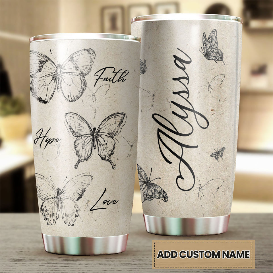 Camellia Personalized Butterfly Faith Hope Love White Stainless Steel Tumbler-Double-Walled Travel Therma Cup With Lid 01