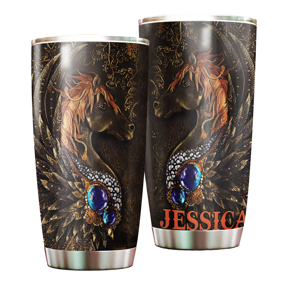 Camellia Personalized Horse Leather Style Stainless Steel Tumbler - Double-Walled Insulation Vacumm Flask - Gift For Horse Lovers, Cowgirls, Cowboys, Perfect Christmas, Thanksgiving Gift 04