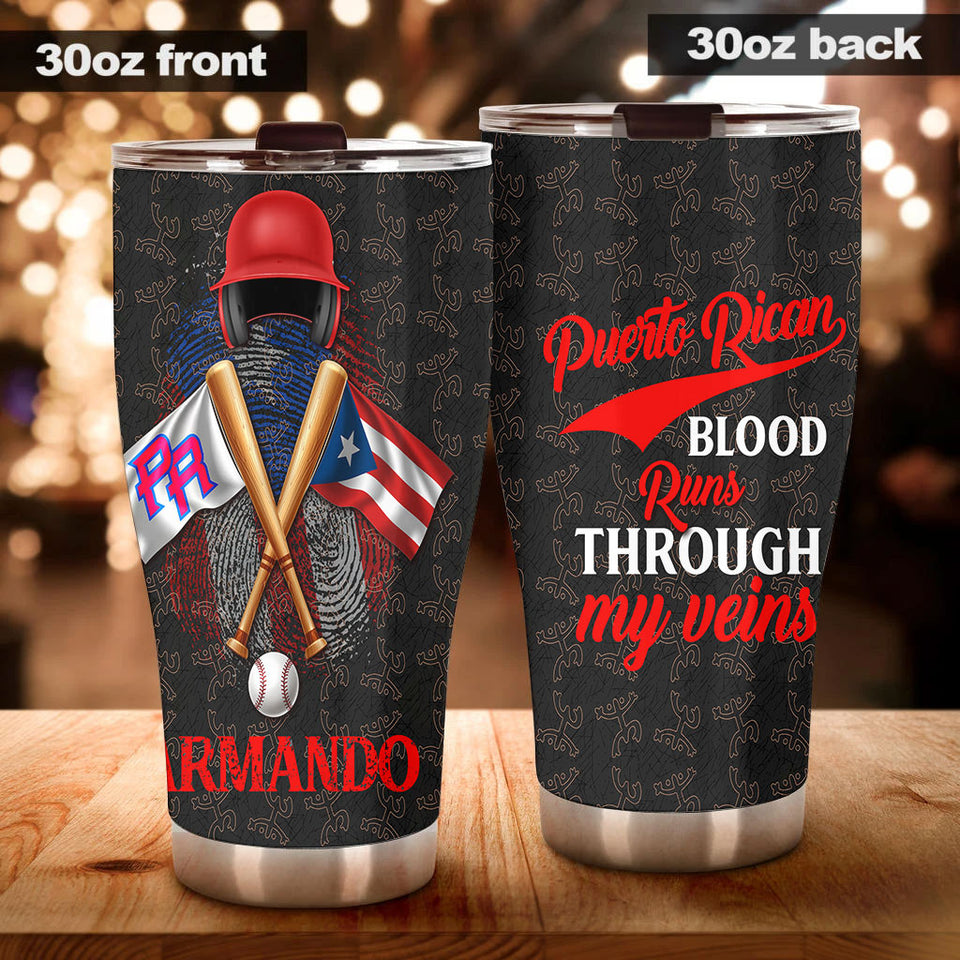 Camellia Persionalized 3D Baseball Puerto Rican Blood Runs Through My Veins Basketball Stainless Steel Tumbler - Customized Double - Walled Insulation Travel Thermal Cup With Lid Gift For Baseball Player
