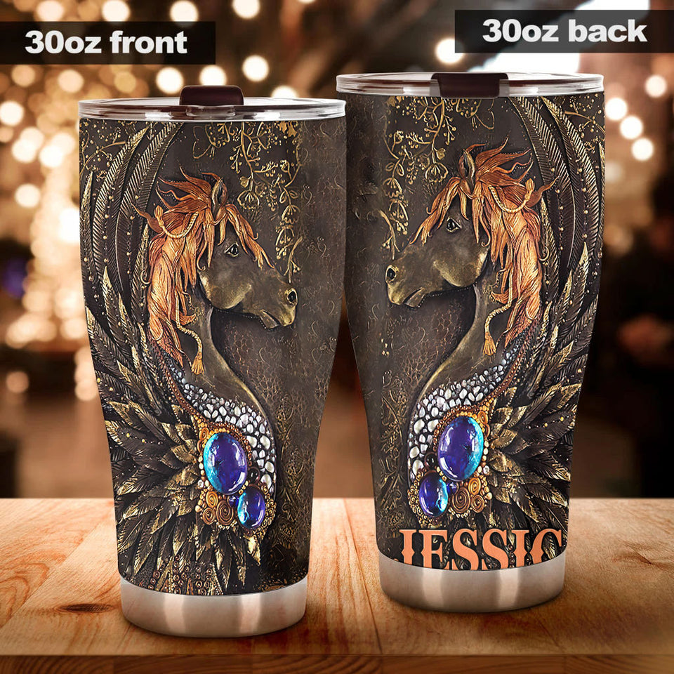 Camellia Personalized Horse Leather Style Stainless Steel Tumbler - Double-Walled Insulation Vacumm Flask - Gift For Horse Lovers, Cowgirls, Cowboys, Perfect Christmas, Thanksgiving Gift 04