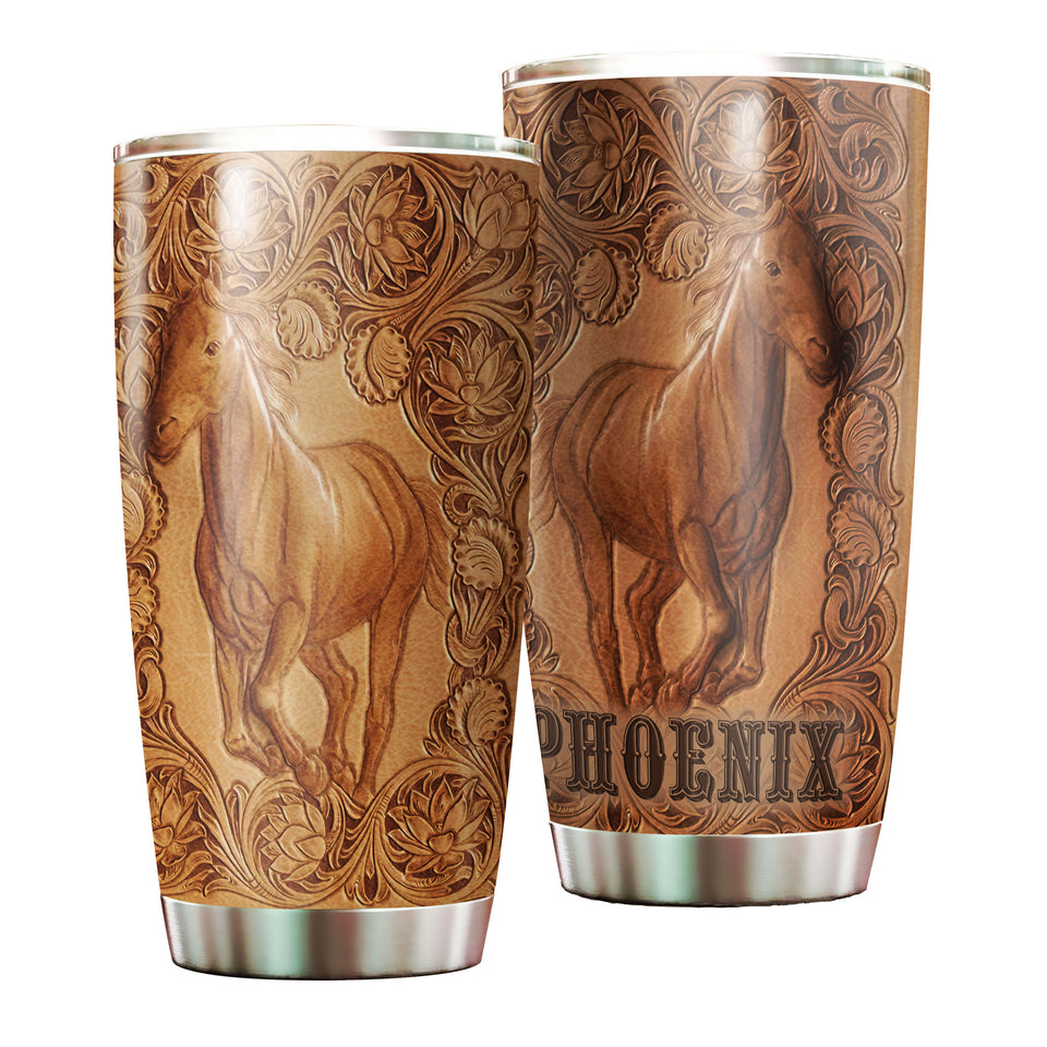 Camellia Persionalized 3D Leather Horse Stainless Steel Tumbler - Customized Double - Walled Insulation Thermal Cup With Lid