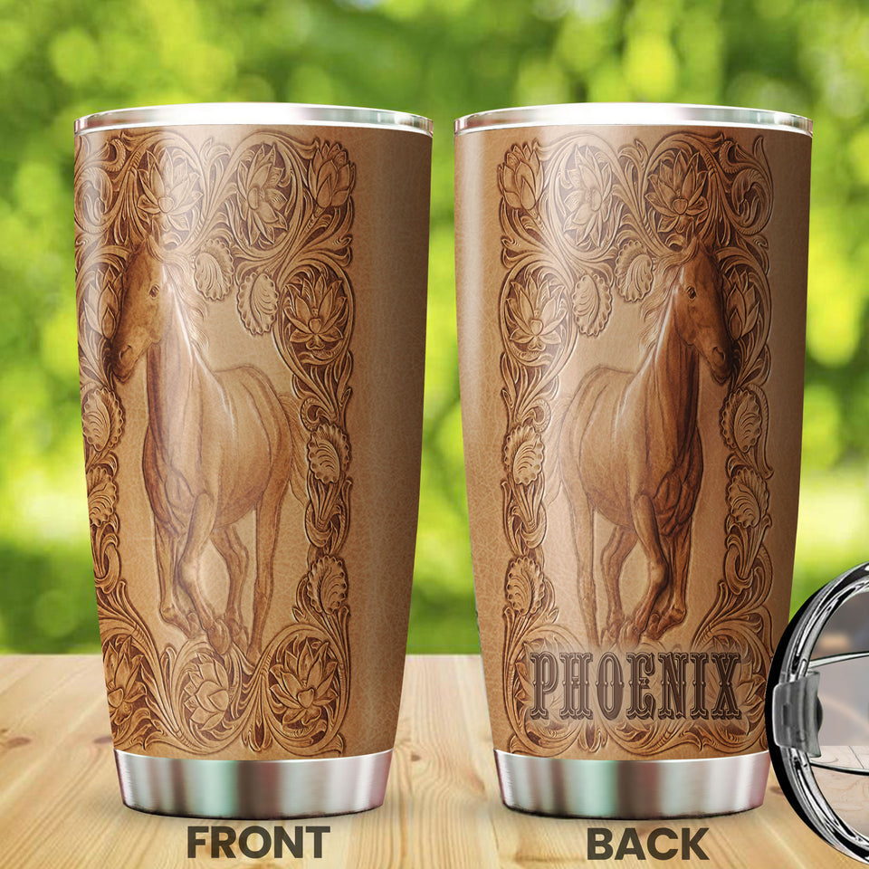 Camellia Persionalized 3D Leather Horse Stainless Steel Tumbler - Customized Double - Walled Insulation Thermal Cup With Lid