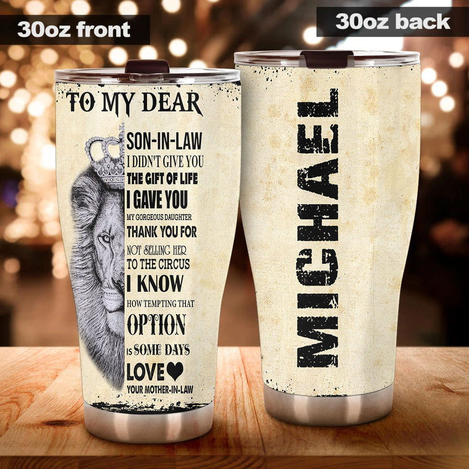 Camellia Personalized Lion Loving Letter From Mom To Son-In-Law Stainless Steel Tumbler-Double-Walled Insulation Travel Cup With Lid