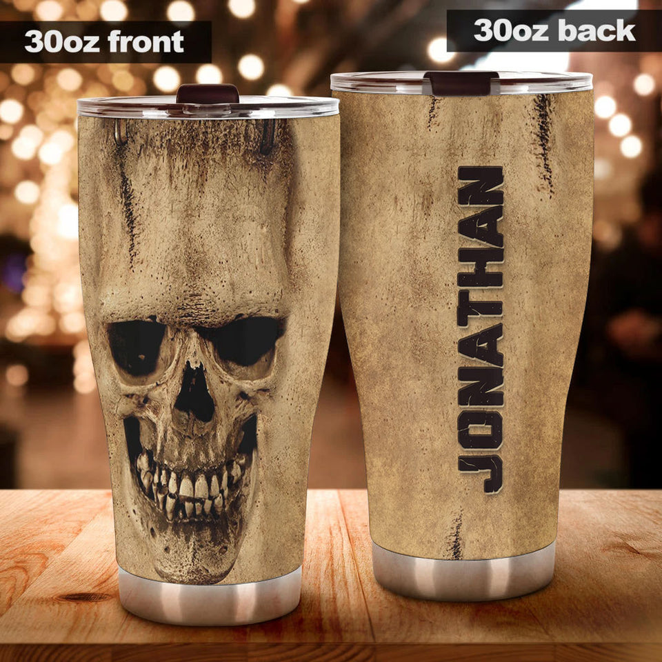 Camellia Personalized Bone Texture Skull Stainless Steel Tumbler - Double-Walled Insulation Vacumm Flask - Gift For Halloween, Skull Fans