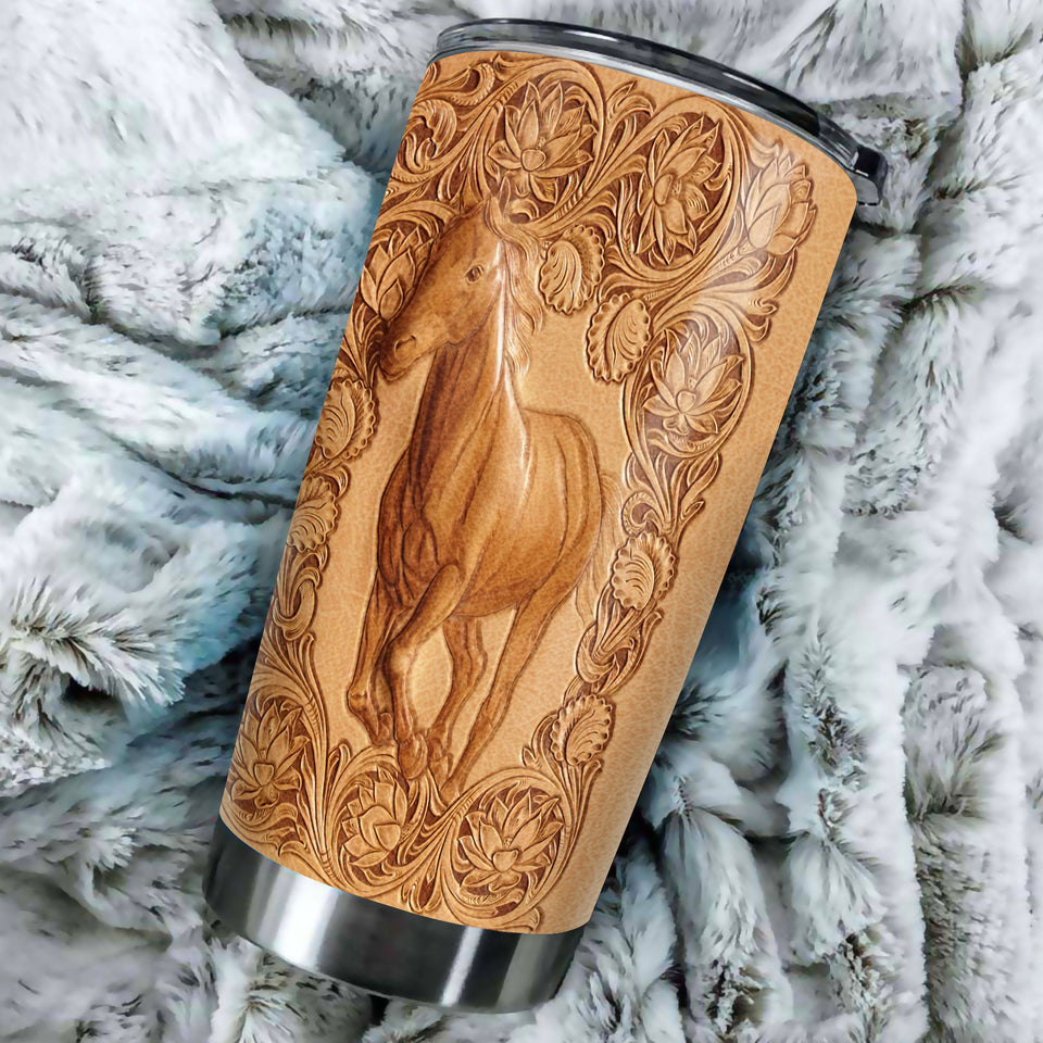 Camellia Persionalized 3D Leather Horse Stainless Steel Tumbler - Customized Double - Walled Insulation Thermal Cup With Lid