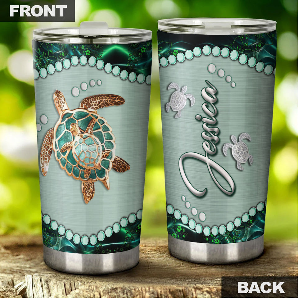 Camellia Personalized Turtle Mom And Baby Stainless Steel Tumbler-Thermal Flask Travel Therma Cup With Lid