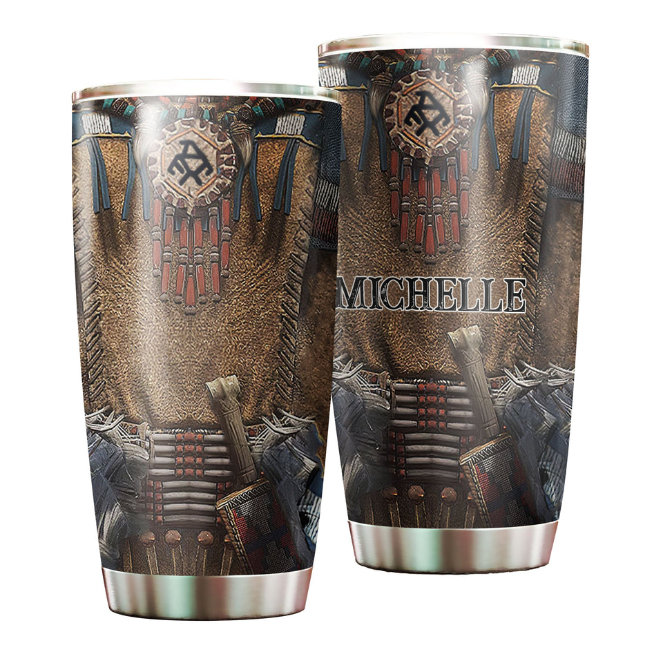 Camellia Personalized Native American Embroidery Stainless Steel Tumbler-Double-Walled Insulation Travel Cup With Lid 03