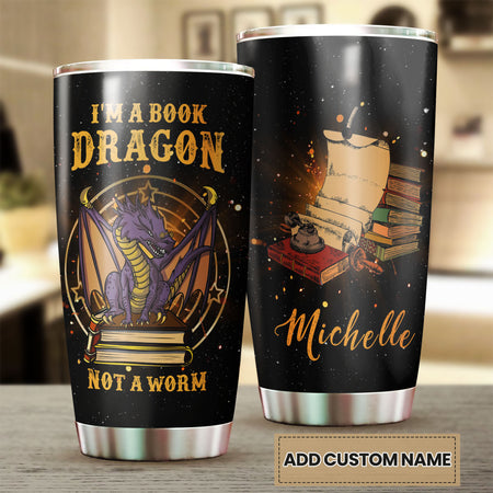 Camellia Personalized I'm A Book Dragon Stainless Steel Tumbler - Double-Walled Insulation Vacumm Flask - Gift For Book Lovers, Nerd, International Book Day
