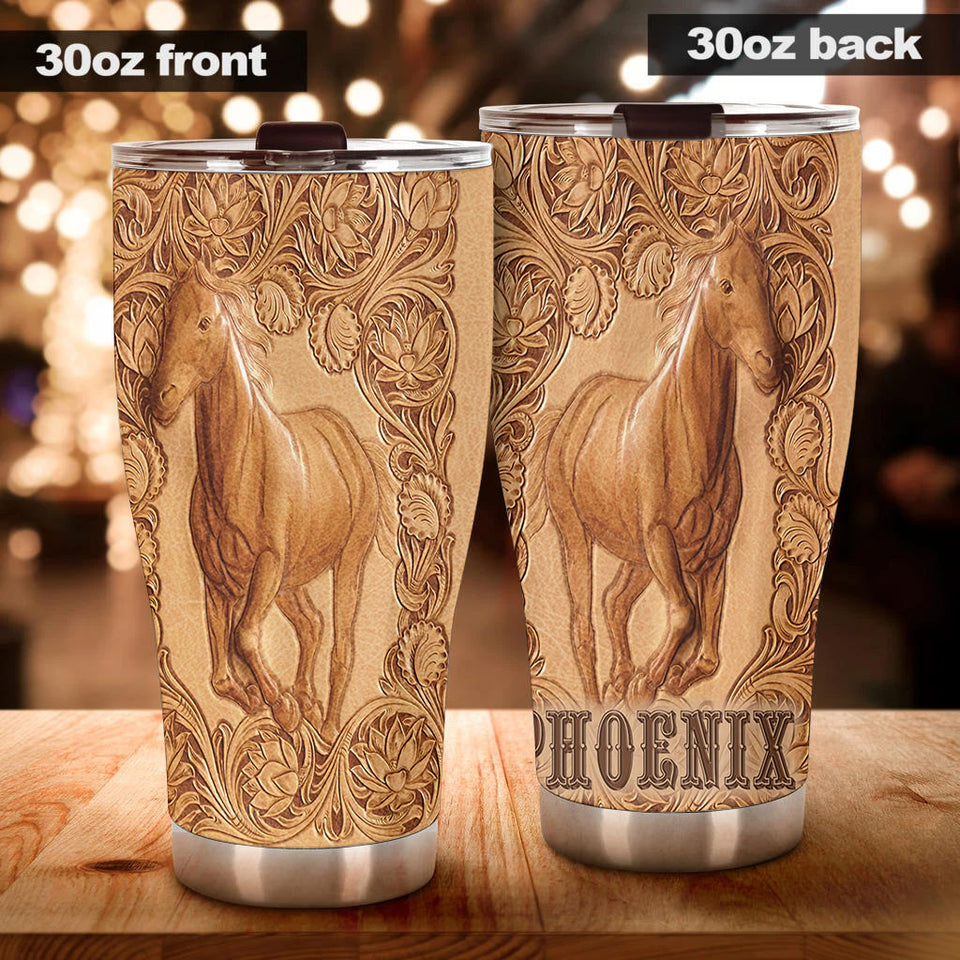 Camellia Persionalized 3D Leather Horse Stainless Steel Tumbler - Customized Double - Walled Insulation Thermal Cup With Lid