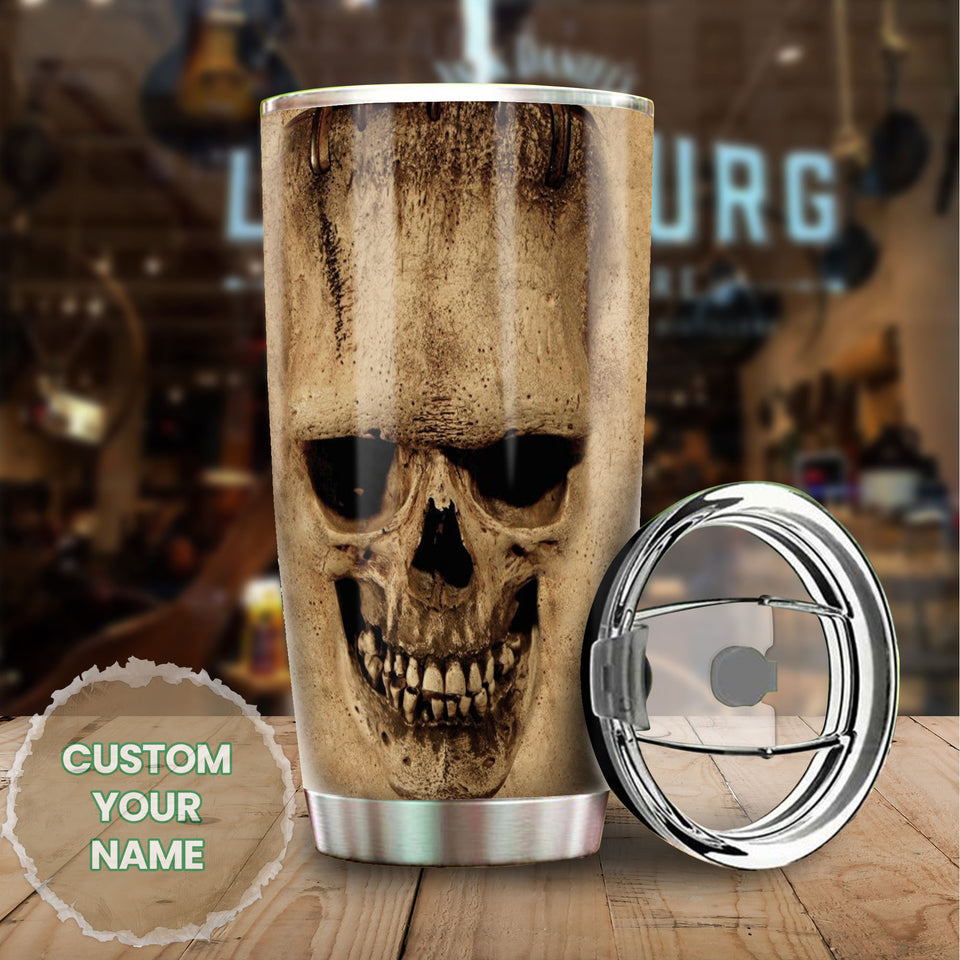 Camellia Personalized Bone Texture Skull Stainless Steel Tumbler - Double-Walled Insulation Vacumm Flask - Gift For Halloween, Skull Fans