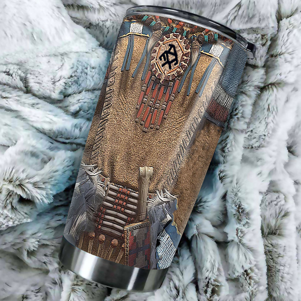 Camellia Personalized Native American Embroidery Stainless Steel Tumbler-Double-Walled Insulation Travel Cup With Lid 03
