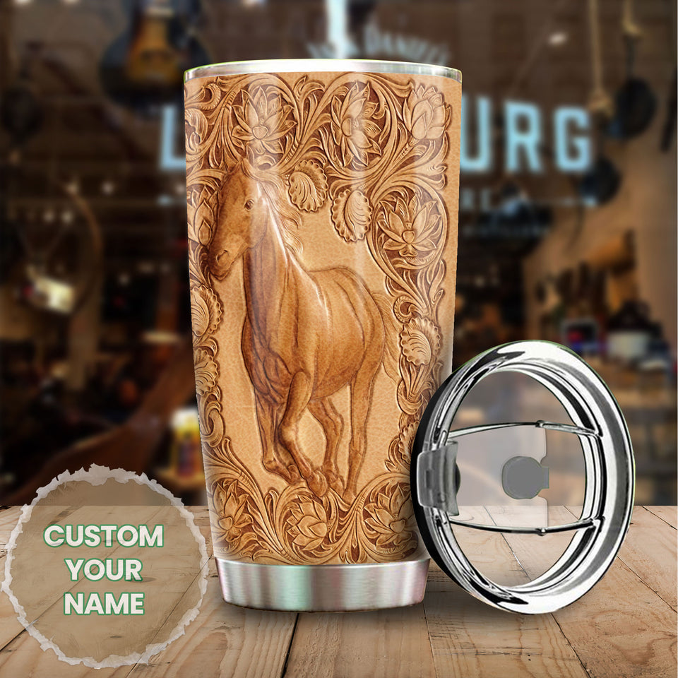 Camellia Persionalized 3D Leather Horse Stainless Steel Tumbler - Customized Double - Walled Insulation Thermal Cup With Lid