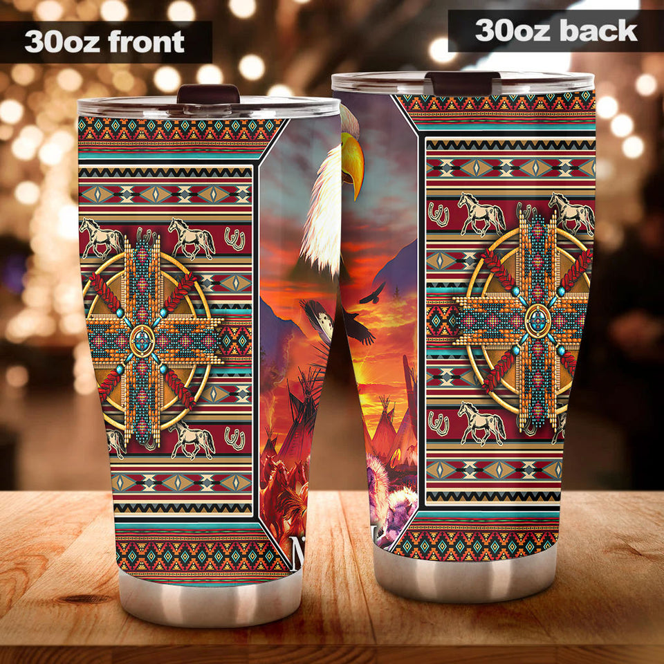 Camellia Personalized Native American Embroidery Stainless Steel Tumbler-Double-Walled Insulation Travel Cup With Lid 01