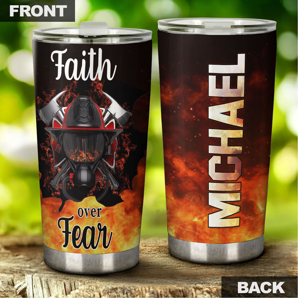 Camellia Personalized Firefighter Faith Over Faith Red Stainless Steel Tumbler-Double-Walled Insulation Gift For Firefighter Fireman
