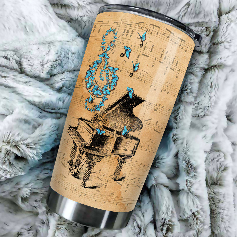 Camellia Personalized Blue Butterfly Piano Stainless Steel Tumbler - Double-Walled Insulation Vacumm Flask - Gift For Thanksgiving, Memorial Day, Piano Lovers