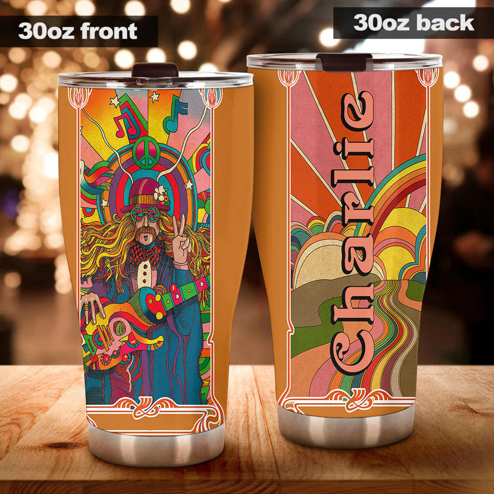 Camellia Personalized Hippie Rock And Roll Man with Guitar Stainless Steel Tumbler-Sweat-Proof Double Wall Travel Cup With Lid Gift For Rock Music Fan