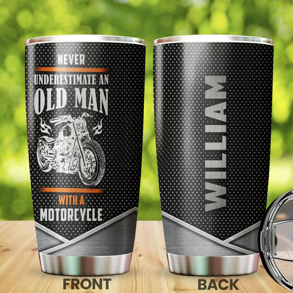 Camellia Personalized Never Underestimate An Old Man with A Motorcycle Stainless Steel Tumbler-Double-Walled Insulation Cup With Lid Gift For Grandfa