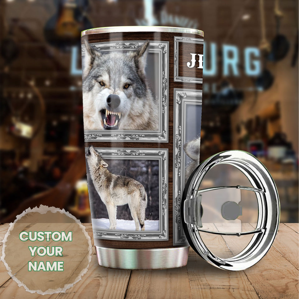 Camellia Personalized 3D Grey Wolf Picture Stainless Steel Tumbler - Customized Double-Walled Insulation Travel Thermal Cup With Lid