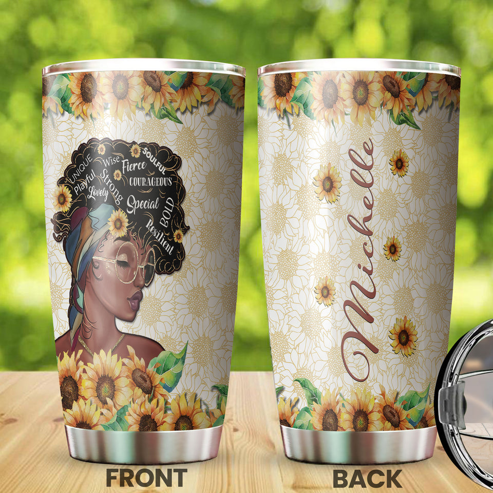 Camellia Personalized Black Women Sunflower Stainless Steel Tumbler - Double-Walled Insulation Vacumm Flask - Gift For Black Queen, International Women's Day, Hippie Girls