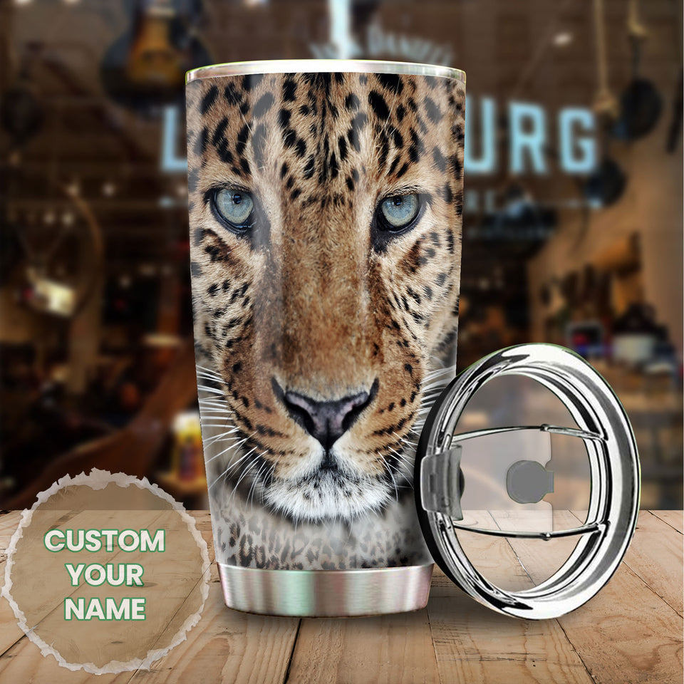 Camellia Personalized Leopard Fur Leather Style Stainless Steel Tumbler-Double-Walled Insulation Travel Cup With Lid