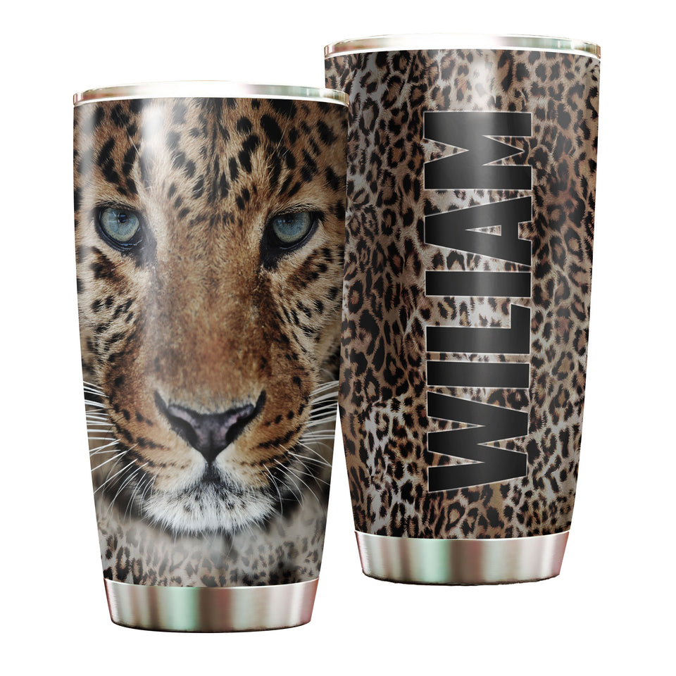 Camellia Personalized Leopard Fur Leather Style Stainless Steel Tumbler-Double-Walled Insulation Travel Cup With Lid