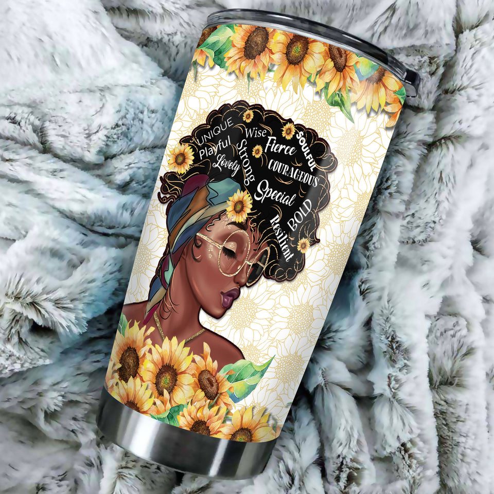Camellia Personalized Black Women Sunflower Stainless Steel Tumbler - Double-Walled Insulation Vacumm Flask - Gift For Black Queen, International Women's Day, Hippie Girls