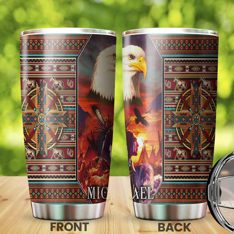 Camellia Personalized Native American Embroidery Stainless Steel Tumbler-Double-Walled Insulation Travel Cup With Lid 01
