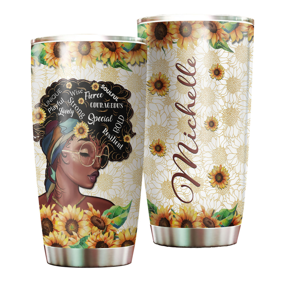 Camellia Personalized Black Women Sunflower Stainless Steel Tumbler - Double-Walled Insulation Vacumm Flask - Gift For Black Queen, International Women's Day, Hippie Girls