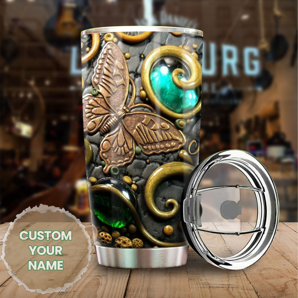 Camellia Personalized Butterfly Rock Style Stainless Steel Tumbler - Double-Walled Insulation Vacumm Flask - For Thanksgiving, Memorial Day, Christians, Christmas Gift
